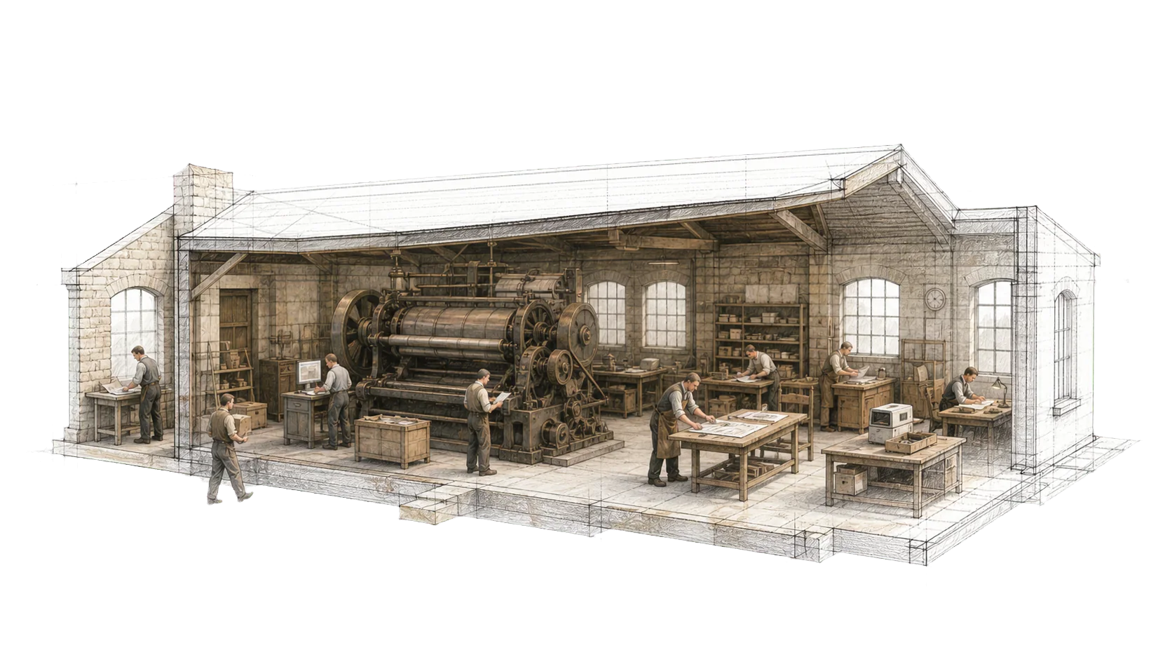 An inherited factory where people use small AI tools around the existing process.