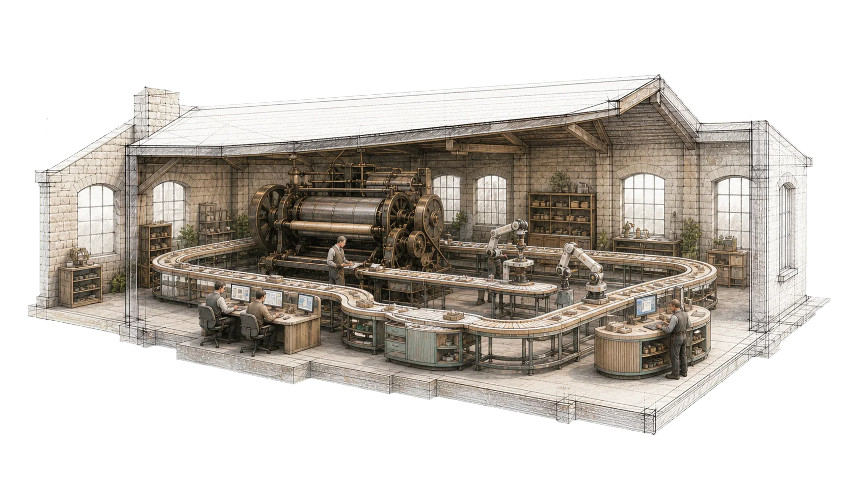 The inherited factory reorganised around automated workflows and a smaller human control team.