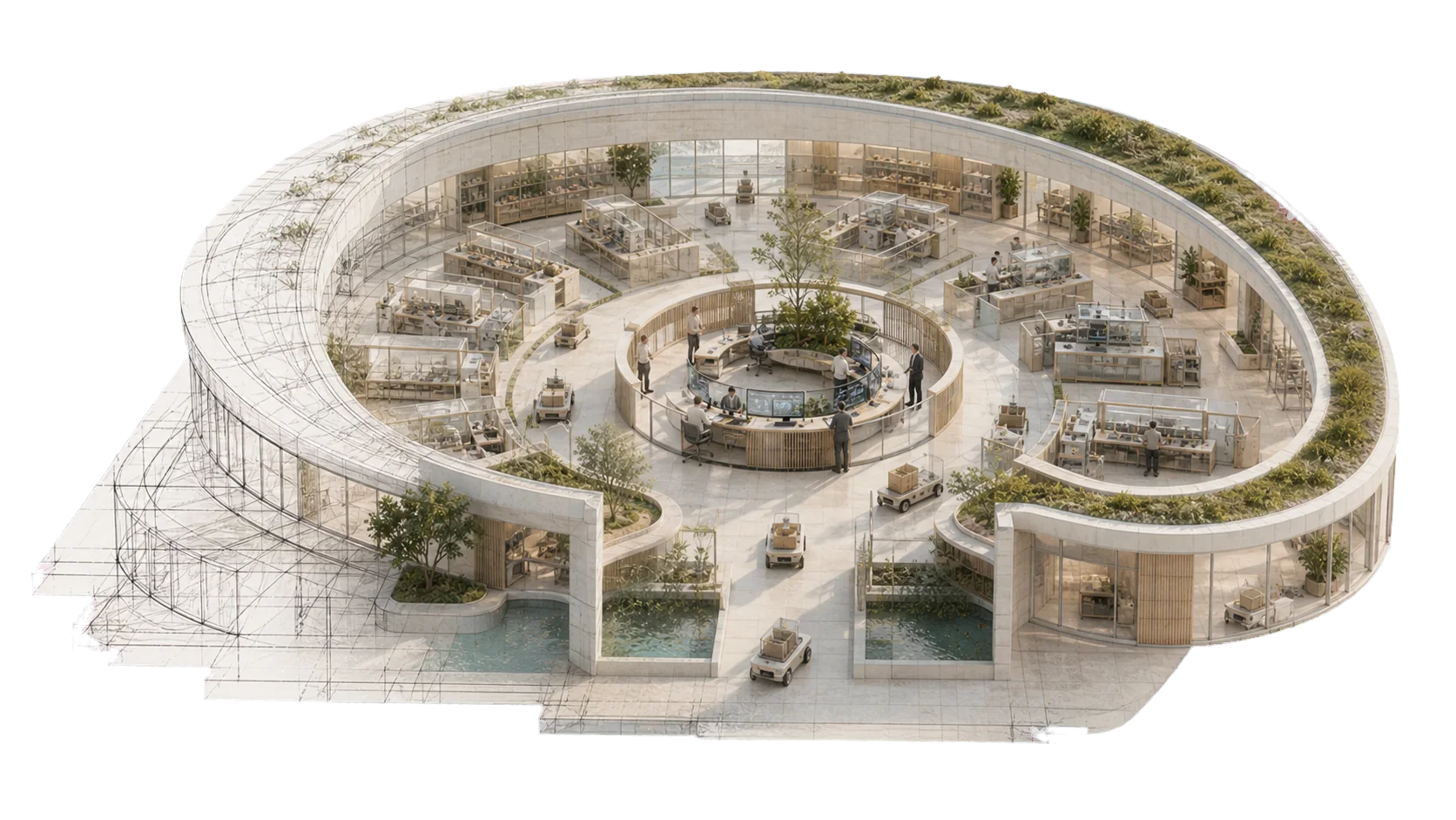 A separate circular AI-native facility with a central human command room and modular work cells.